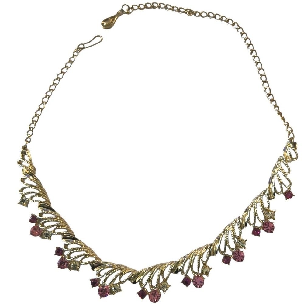 Vintage Coro‎ Pink Rhinestone Necklace Gold Tone Mid Century Statement